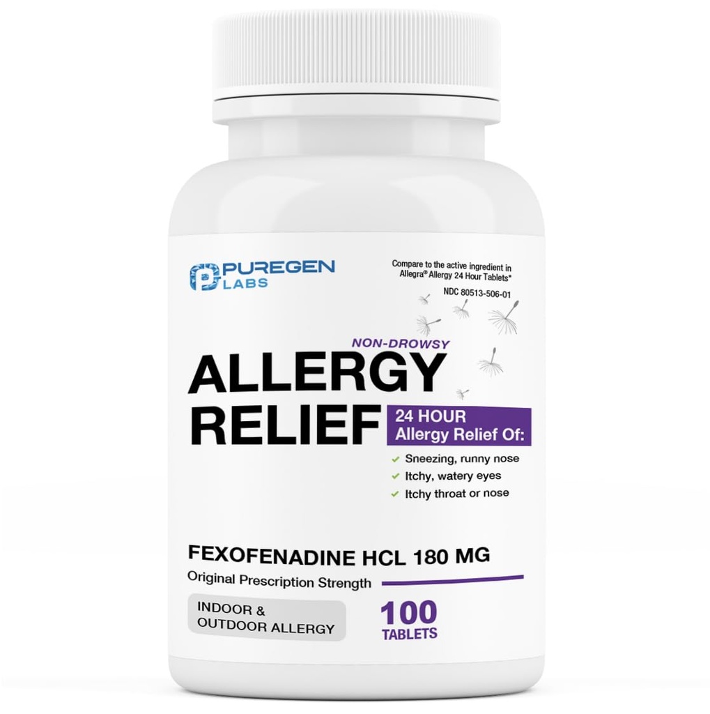 Puregen Labs Allergy Relief, Fexofenadiini 180 mg, 100 tablettia ... 24 tuntia ei-huonoa antihistamiinia.