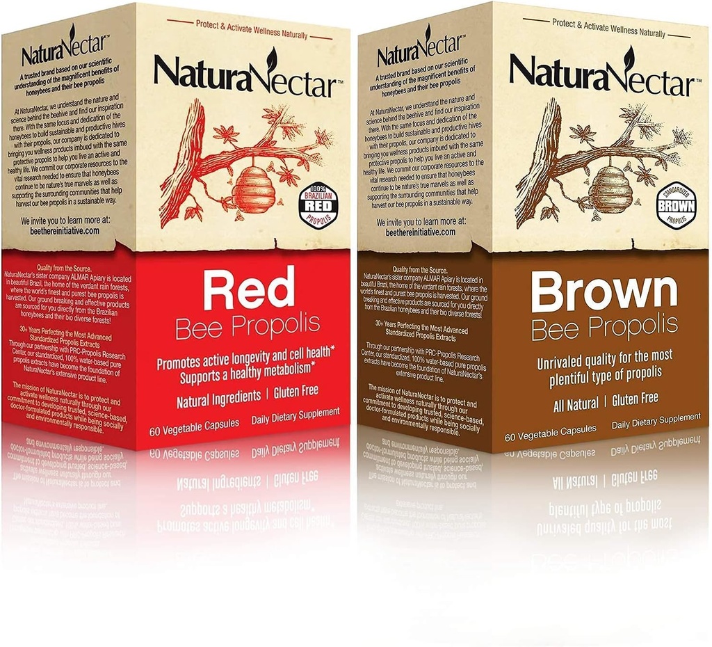 NaturaNectar Natural Bee Propolis Bundle - Red Propolis ja Brown Propolis - Immunosupport, hengitysten terveys ja terve aineenvaihdunta - 60 kapselia per pullo