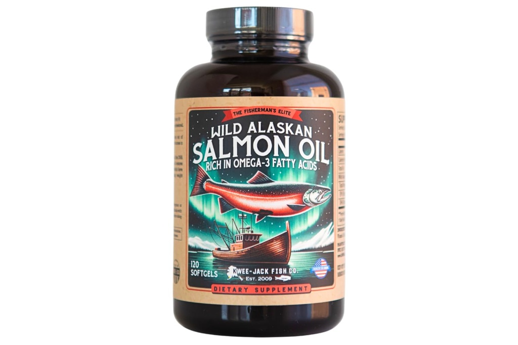 Wild Alaskan Salmon Fish Oil Omega 3 Supplement för människor | EPA och DHA | Kwee-Jack Fish Co. | 120 Softgels 1000mg Salmon Oil
