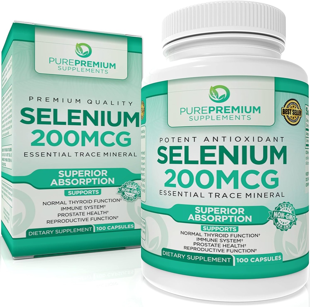 PurePremium Selenium 200mcg täydennysosa - L Selenometioniini Essential Mineral - Päivittäinen tuki normaalille Kilpirauhasen, Immunojärjestelmä. Normaali eturauhasen toiminta - 3 kuukautta Supply - 100 kapselia