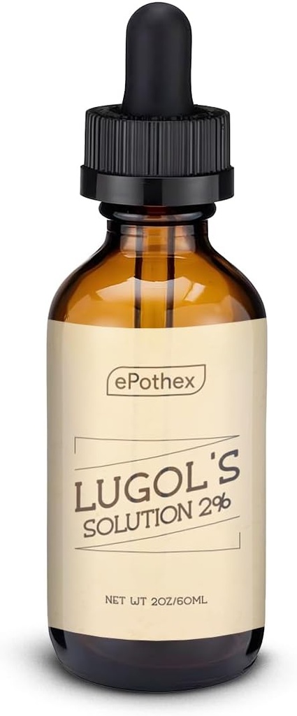 Lugolin liuos 2% 2oz lasi tiputin pullo. Sisältää kaliumjodi ja jodi, 60 ml