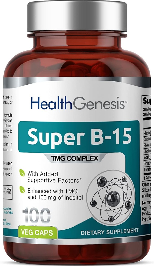 Super B-15 100 Vcaps - Niacin Calcium Choline Inositol DMG TMG - Stöder Hälsosamma syreenerginivåer