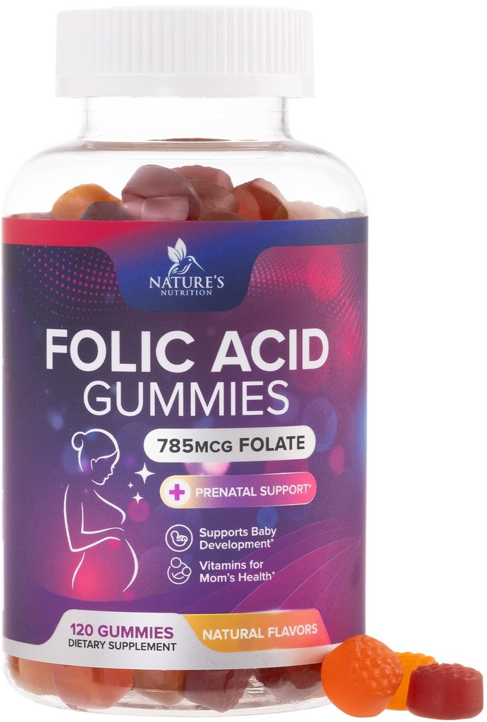 Foolihappo Gummies naisille 785 mikrog, Essential Prenatal Vitamiinit äidille ja vauvalle, Vegan Folic Supplement Gummy, Daily Vitamiini B9 Extra Strength Folaatti, ennen raskauden jälkeen - 120 Gummies