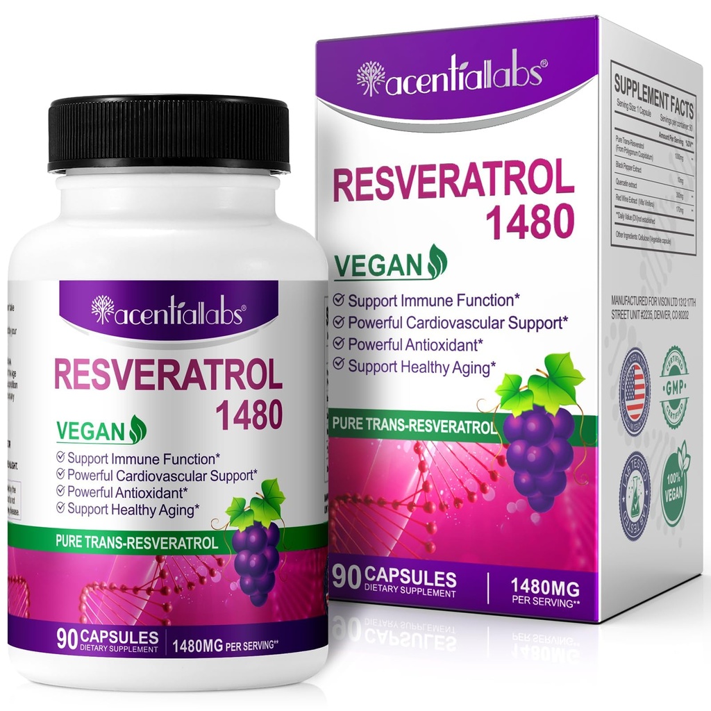 100% Natural Resveratrol - 1480mg per Serving, 90 kasviskapselit, 99% puhdasta Trans- Resveratrol, antioksidantti terveenä ikääntyminen, aivojen ja sydämen tuki