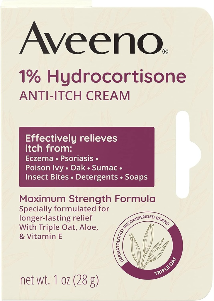Aveeno Maximum Strength 1% Hydrokortisoni Anti-Itch Cream, Triple Kaura, Aloe & Vitamiini E kutiaa helpottava ihottuma, psoriaasi, hyönteisten puremat, Myrkky Ivy, Tammi & Sumac & Detergents, 1 oz
