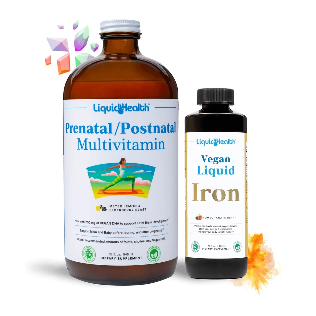 LIQUIDHEALTH Prenatal Baby Booster Raskaus Vitamiini Bundle - Vegaani naisten prenataali / Postnataali Multivitamiini SunActive & Ferrochel Silitysrauta, Folaatti, Koko elintarvikkeet - Valmistettu Yhdysvalloissa, 100% Vegaani (Bundle)