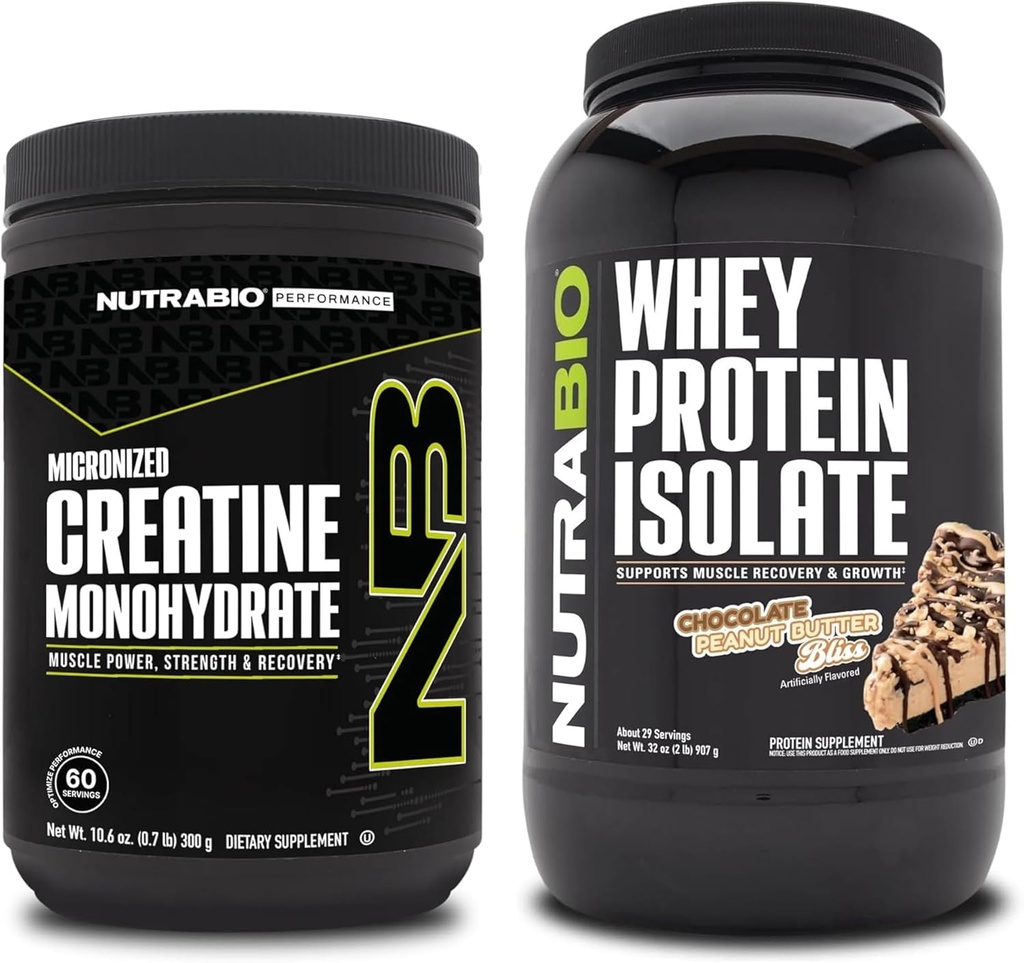 NutraBio Creatiini Monohydraatti, Mautonta, 300g ja Whey Protein Isolate, Suklaa Maapähkinävoi, täydennysosa Bundle - Lihasenergia, Lean lihasten kasvu, elpyminen, ja vahvuus