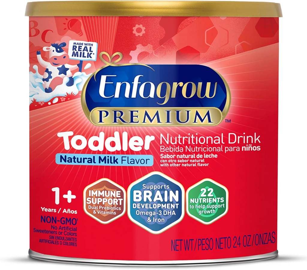 Enfagrow PREMIUM Toddler Nutritional Drink, Made with Real Milk, Brain-Building Omega-3 DHA, Nutrients och Prebiotics for Growth & Immune Support, Non-GMO, Toddler Milk Powder, 24 Oz Can