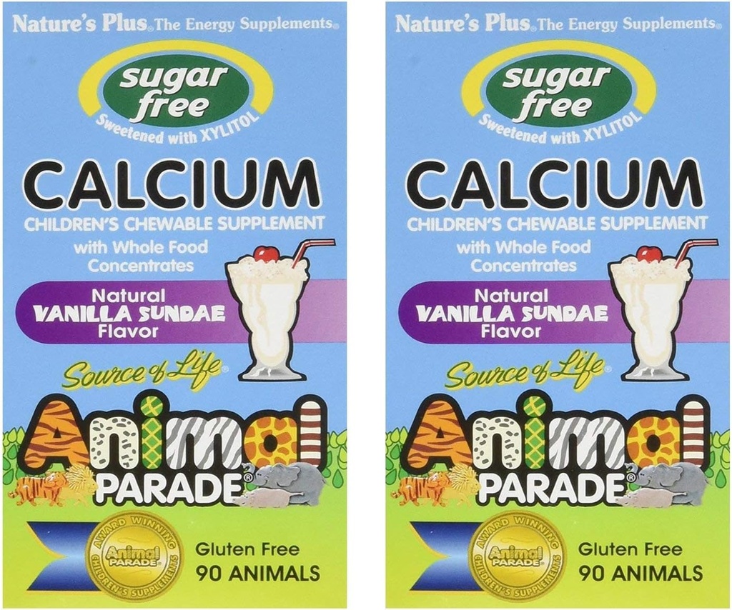 NaturesPlus Animal Parade Sokeriton lasten kalsium, Vanilla Sundae Flavor - 90 purutablettia, pakkaus 2 - Magnesiumia luun terveyteen - Gluteeniton - 90 tarjoilua