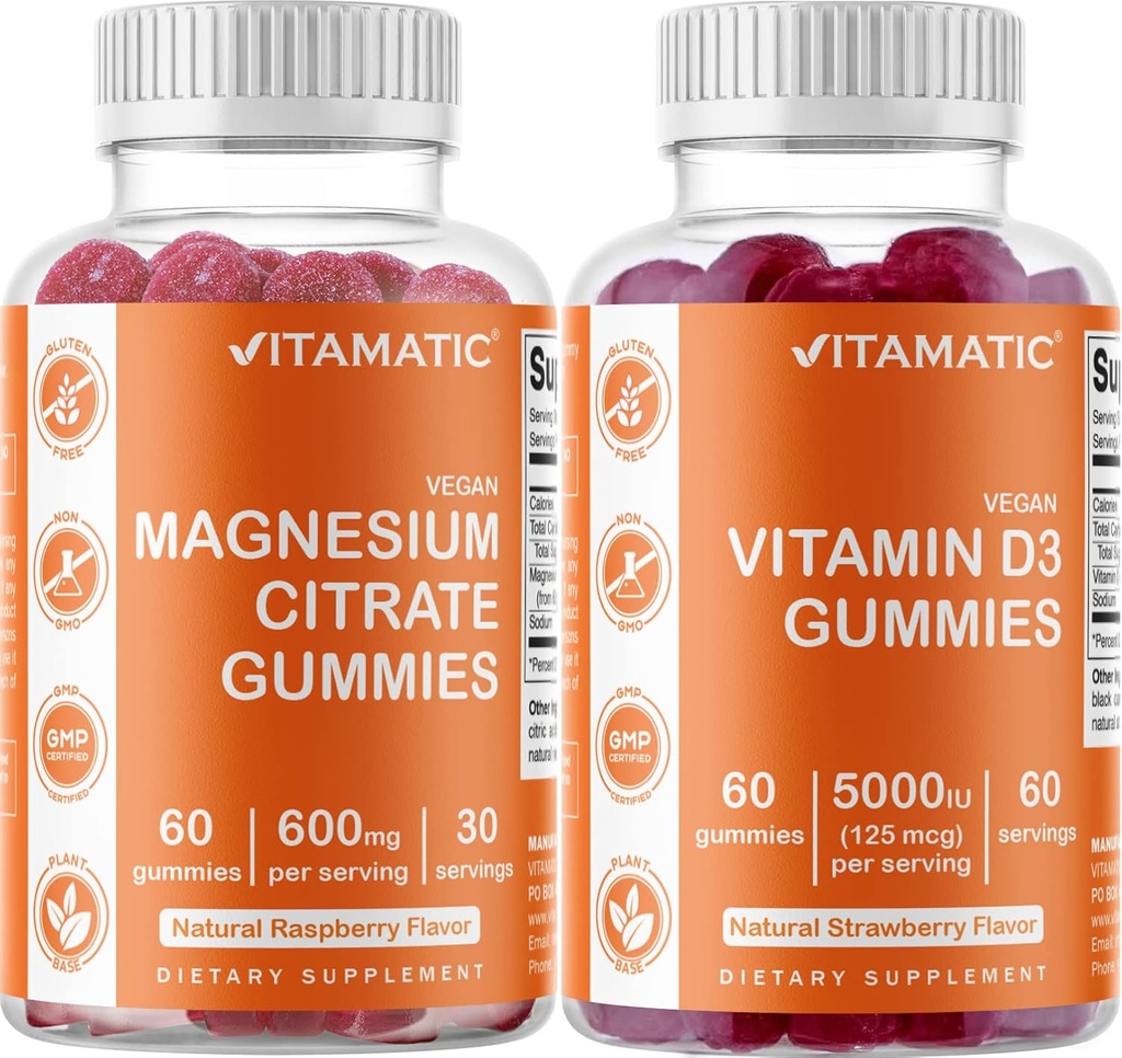 Vitamaattinen magnesium & D3-vitamiini Gummies Combo - 60 Vegaanimäärä Jokainen