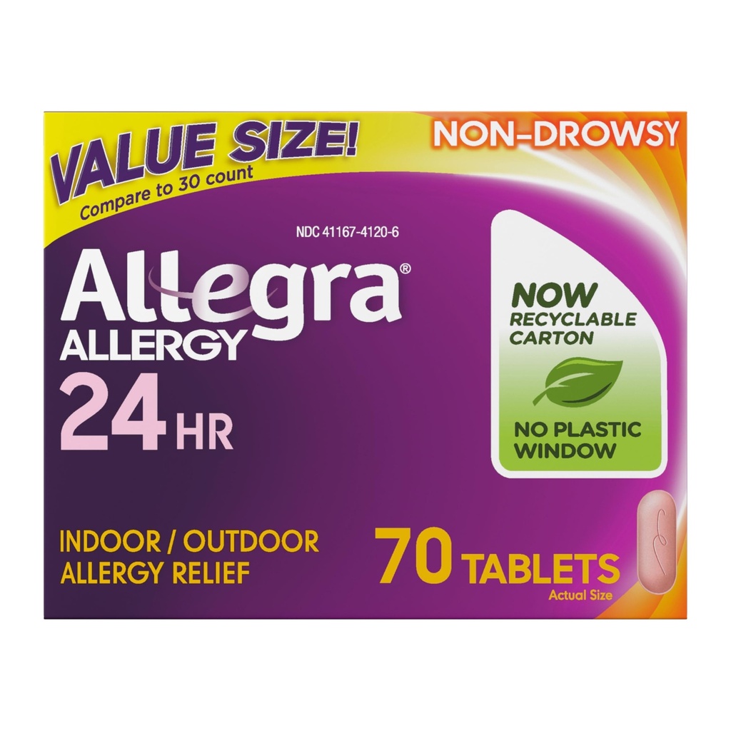 Allegra Vuxen 24-timmars allergihjälp tabletter, icke-drowsy inomhus och utomhusallergimedicin, 180 mg Fexofenadine HCI Antihistamin Pill, 70-Count