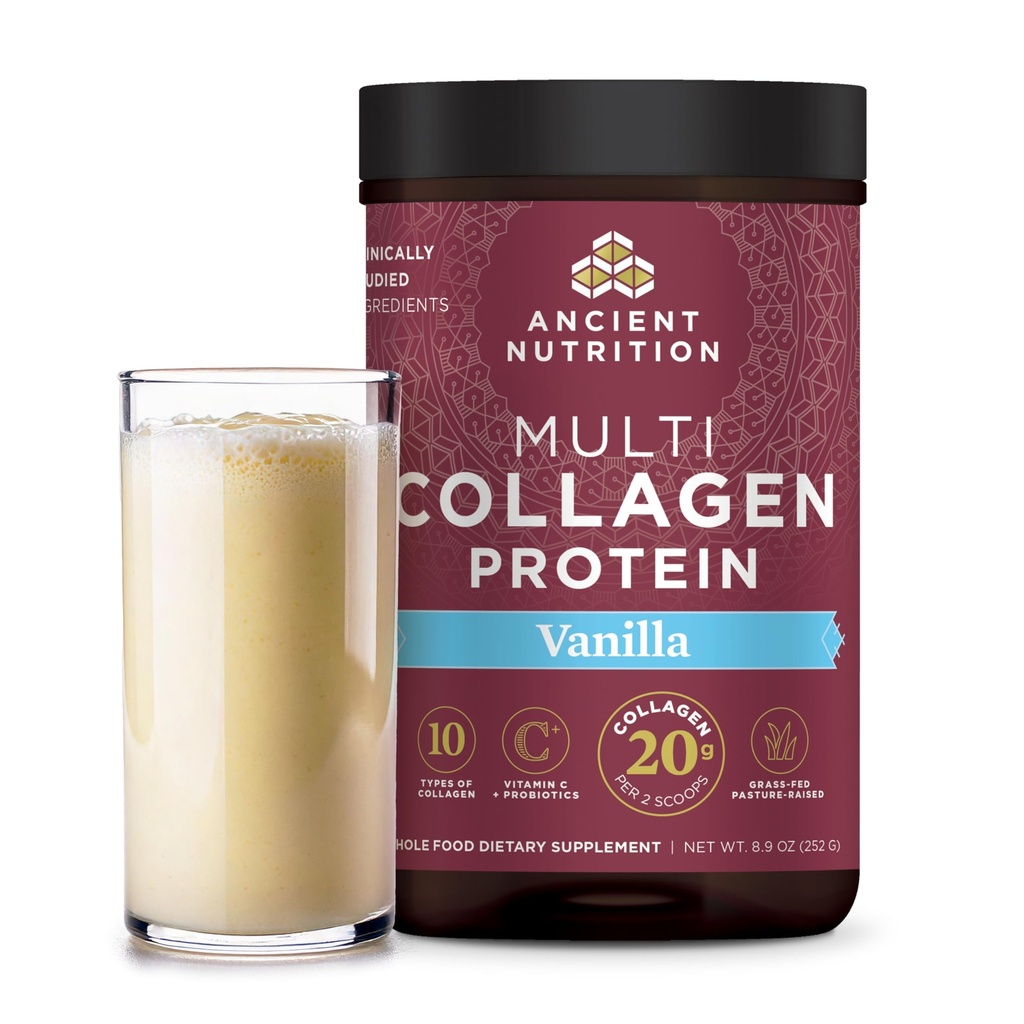 Antiikin ravitsemus Kollageeni Peptides Powder, Multi Collagen Protein, Naiset ja miehet, C-vitamiini, Probiootit, Hydrolysoitu kollageeni, tukee ihoa, nivelet, Gut Health, Vanilja, 24 tarjoilua