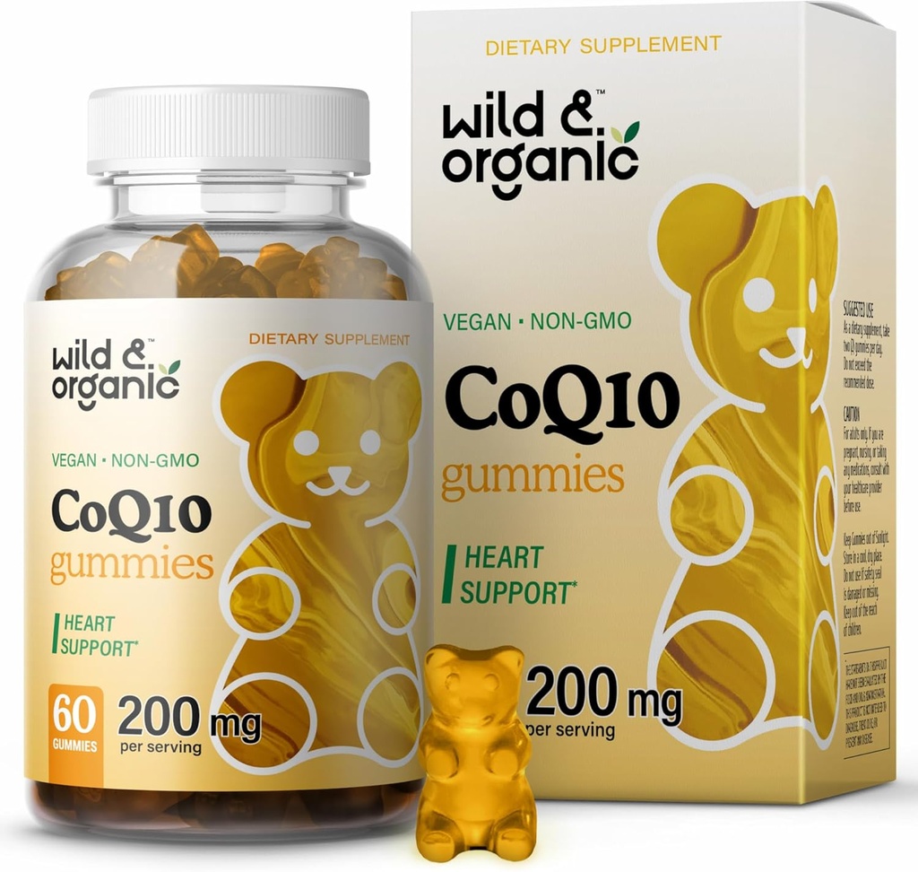 Wild & Organic CoQ10 Gummies - Vegan CoQ10 200mg Antioksidantti täydentää Ubikinonin - Natural Energy and Focus Gummies kanssa Coenzyme Q10-60 ei-GMO Pektiini purut