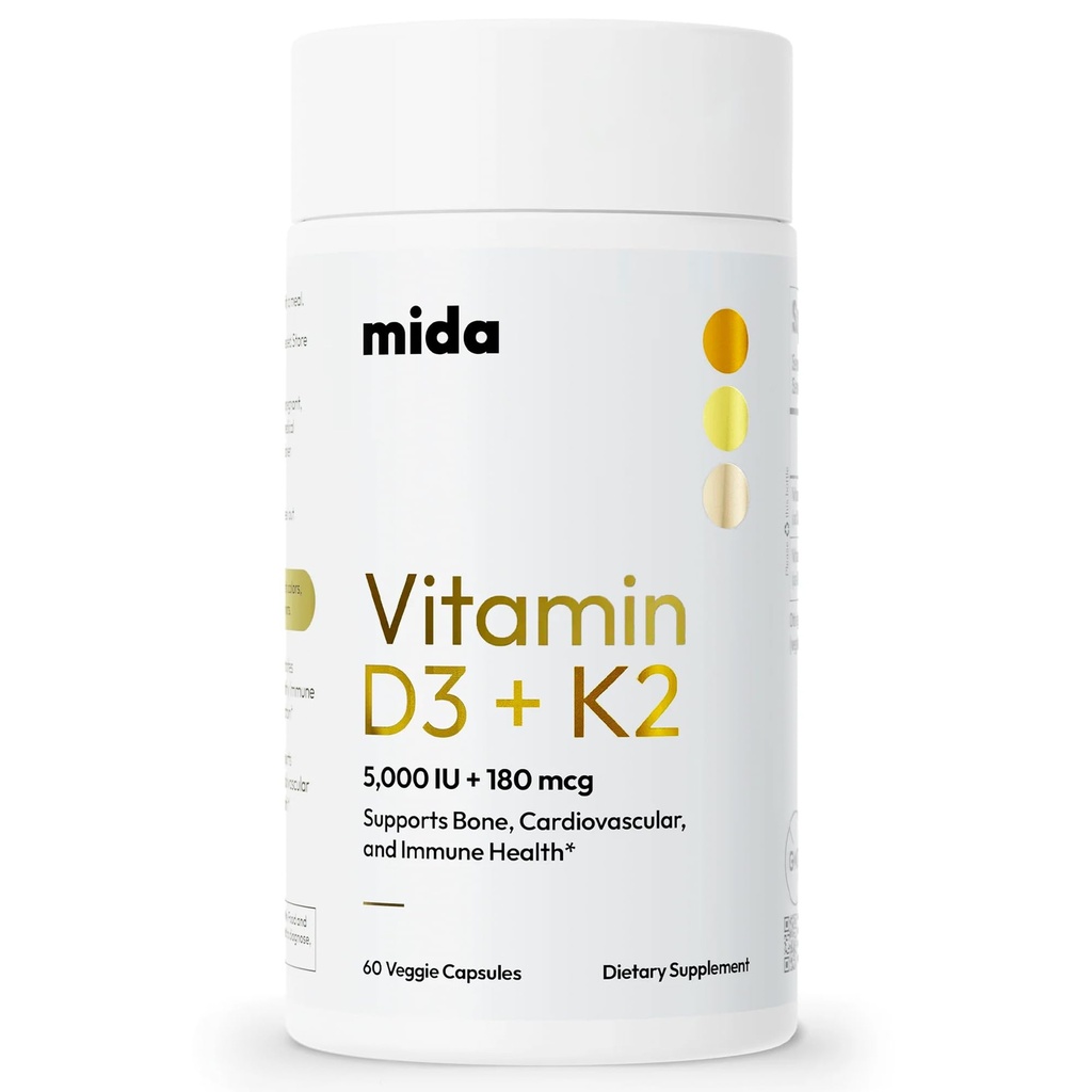Mida Health® D3 K2-vitamiini 5000 IU MK-7 ... Luonnollinen lisä luihin, sydämeen ja immuunitukeen...