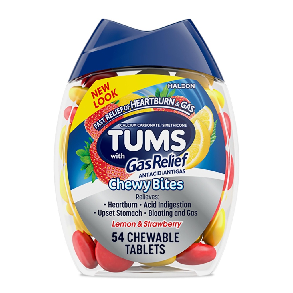 TUMS Chewy Bites Chewable Antacid Tablets med Gas Relief, Lemon & Strawberry - 54 Count