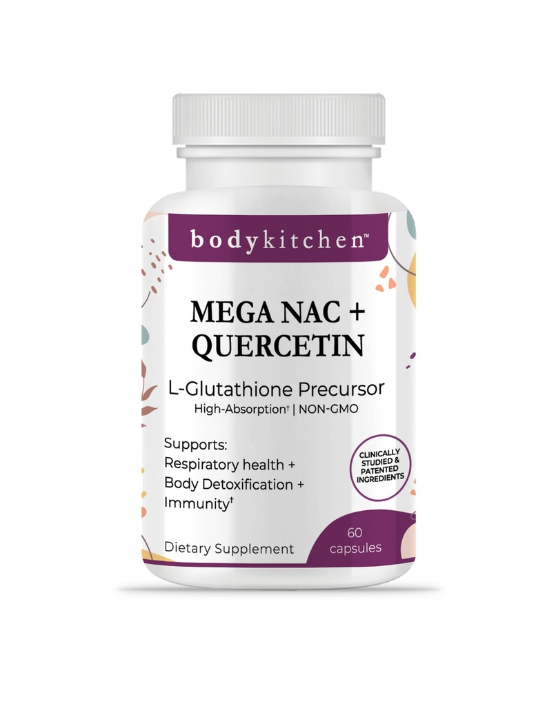 Body Kitchen Mega NAC (N-Acetyl Cysteine) 600 mg kanssa Quercetin, tukee hengitysteiden terveyttä ja immuuni toimintaa ja edistää maksan ja munuaisten detoxia, kasvisten Caps (Pack of 1)