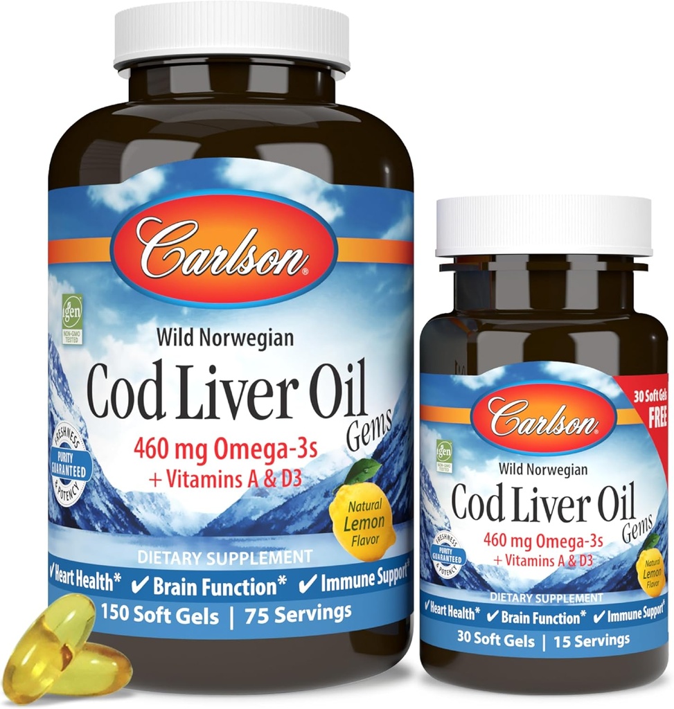 Carlson - Turska Liver Oil Gems, 460 mg Omega-3s + A- ja D-vitamiinit, Wild-Caught Norwegian Arctic Cod Liver Oil, kestävästi lähdetty Nordic Fish Oil kapselit, sitruuna, 180 Softgels