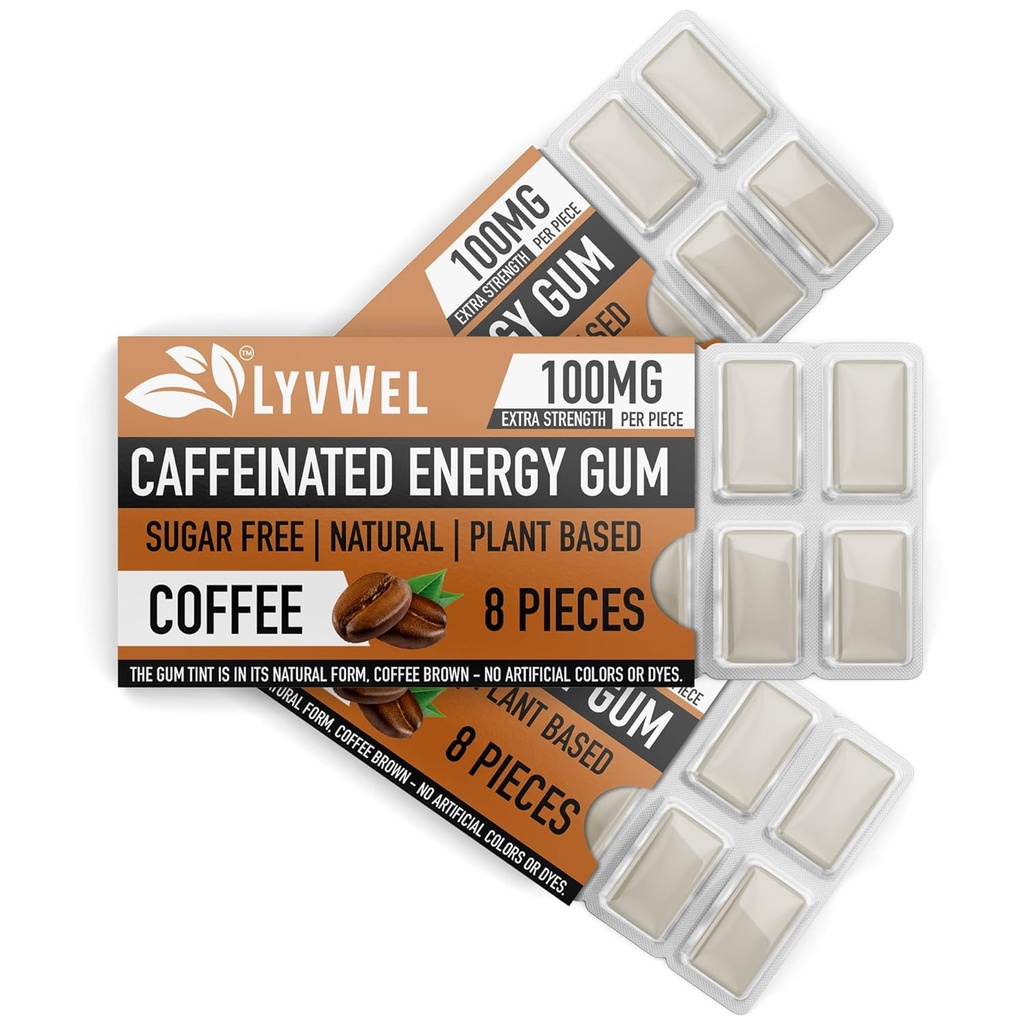 LyvWel Energy Gum | 100mg koffein per pärla | All Natural | Sugar-Free Pre-Workout Boost: Ditt viktiga energitillskott för att hålla vaken-3 Pack (kaffe)