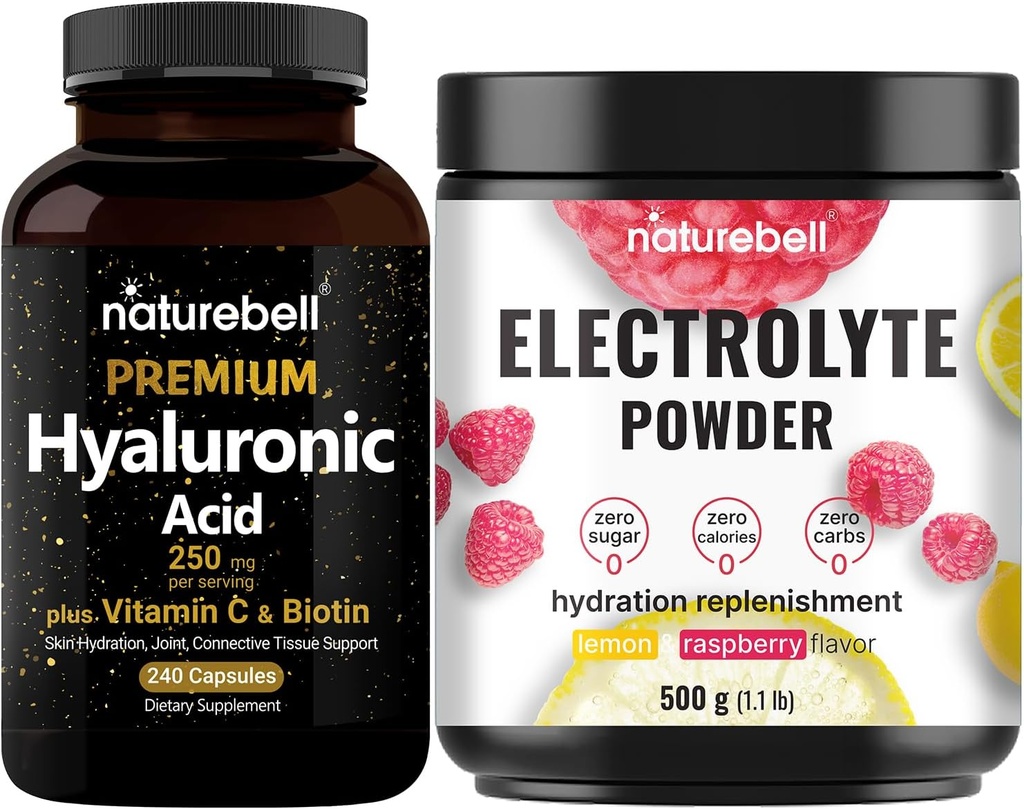 NatureBell Hyaluronic Acid Kapselit Biotiini + C-vitamiini & Elektrolyytti Hydraation Powder Bundle Pack 