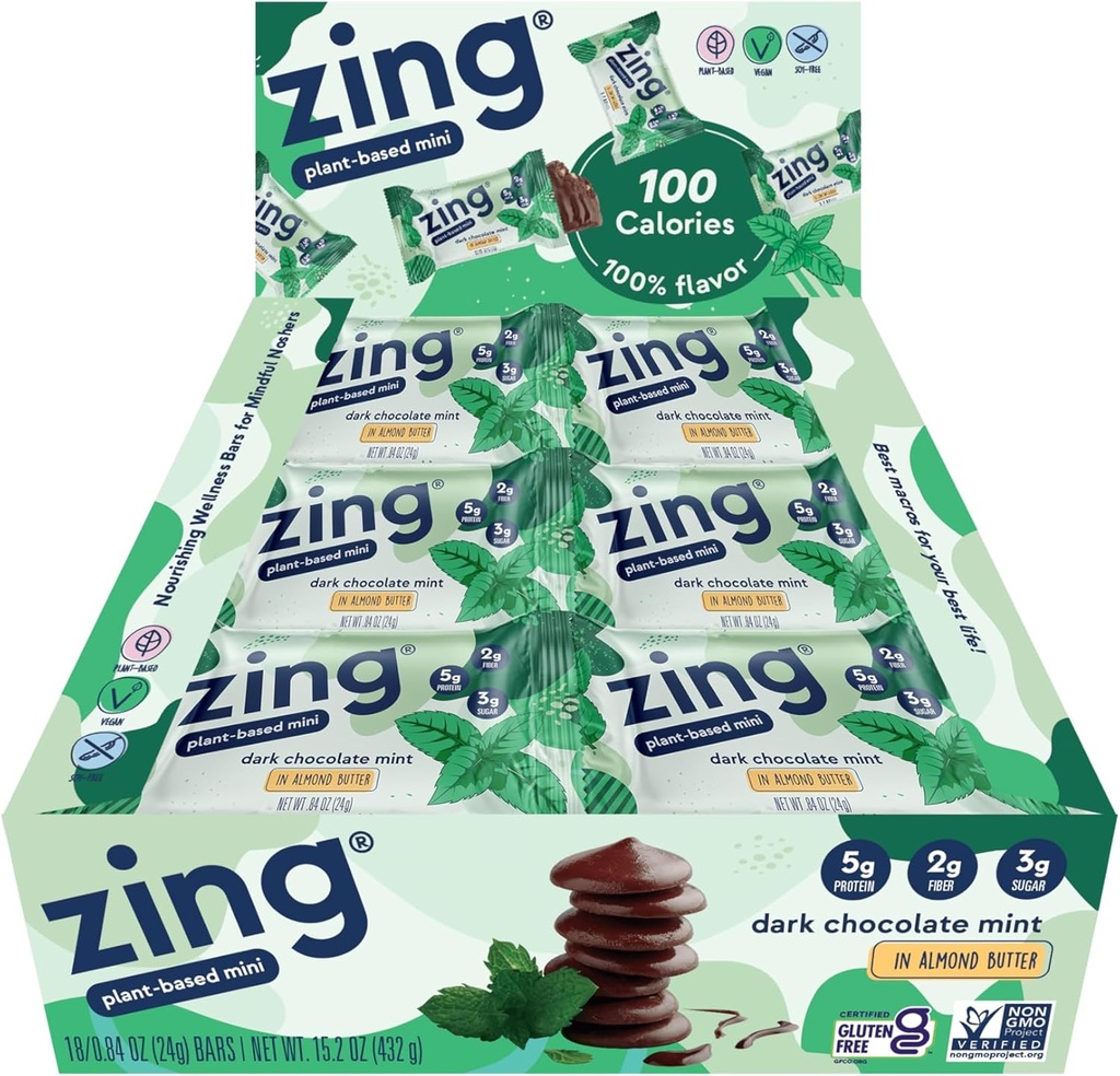 Zing Dark Chocolate Mint Kids Proteiinipatukoita, gluteeniton 100 Calorie Mini Bars korkea proteiini, vegaaninen ravitsemus Bars, Dairy Free Plant Based Protein, Kosher, Low Sugar, Ei sokeria alkoholit-18