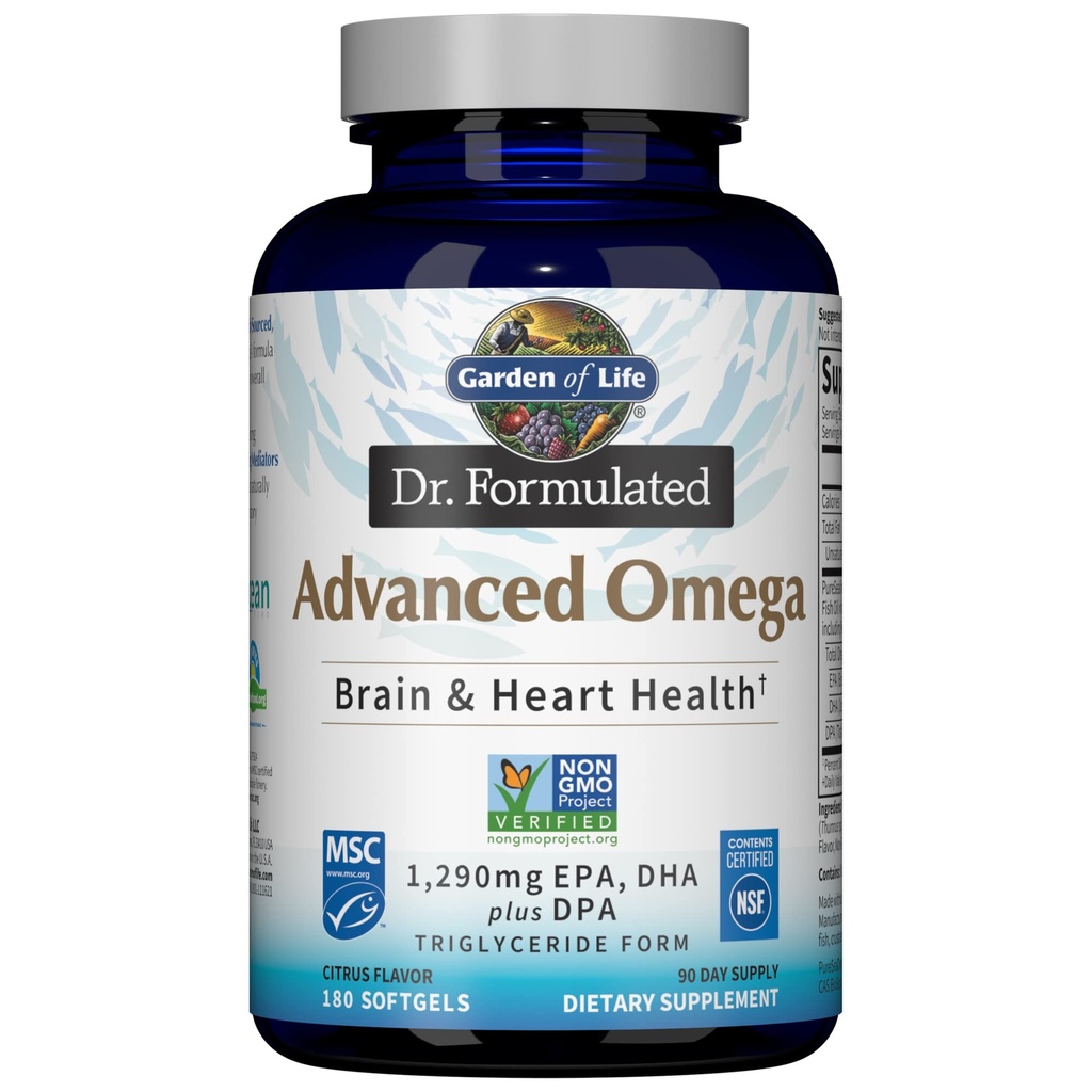 Puutarha Life Dr. Formulated Advanced Omega Fish Oil - Sitruuna, 1,290mg EPA, DHA + DPA Triglyseride Form, Single Source Omega 3 Supplement for Ultimate Brain & Heart Health, non-GMO, 180 Softgels