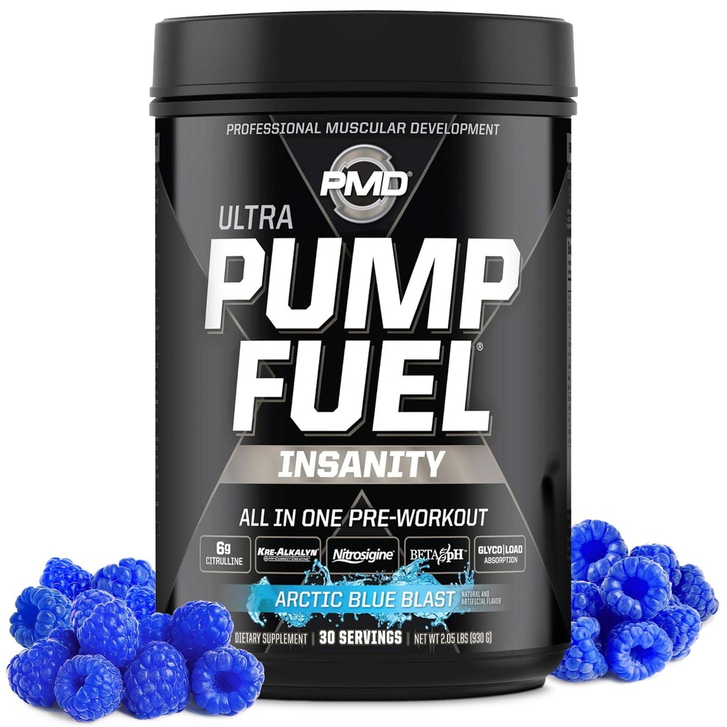 PMD Sport Pump Fuel Ultra Insanity - Premium Pre Workout Powder & Muscle Pump, större fokus, uthållighet och återhämtning, Premium Creatine, Arginine & Beta Alanine - Arctic Blue Blast (30 portioner)
