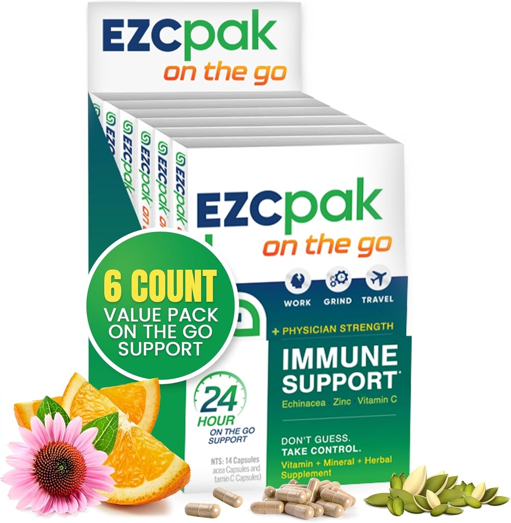 EZC Pak On The Go Immunomy System Booster Echinacea, C-vitamiinia, Sinkkiä, Immunosupport Supplement, Immunomy Vitamiineja aikuisille, Matkaystävällinen Pakkaus, Kasvisruokaa, Gluteeniton - Pakkaus 6
