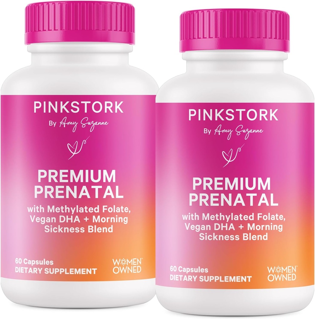 Pink Stork Premium Prenatal Vitamiini naisille - Multivitamiini & Probiootit - Aamun sairaus, digestio, & energia - Folate, B6, & Silitysrauta - 60 kapselia - 2 pakkaus