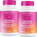 Pink Stork Premium Prenatal Vitamin för kvinnor - Multivitamin & Probiotika - Morning Sickness, Digestion, & Energy - Folate, B6, & Iron - 60 kapslar - 2 Pack