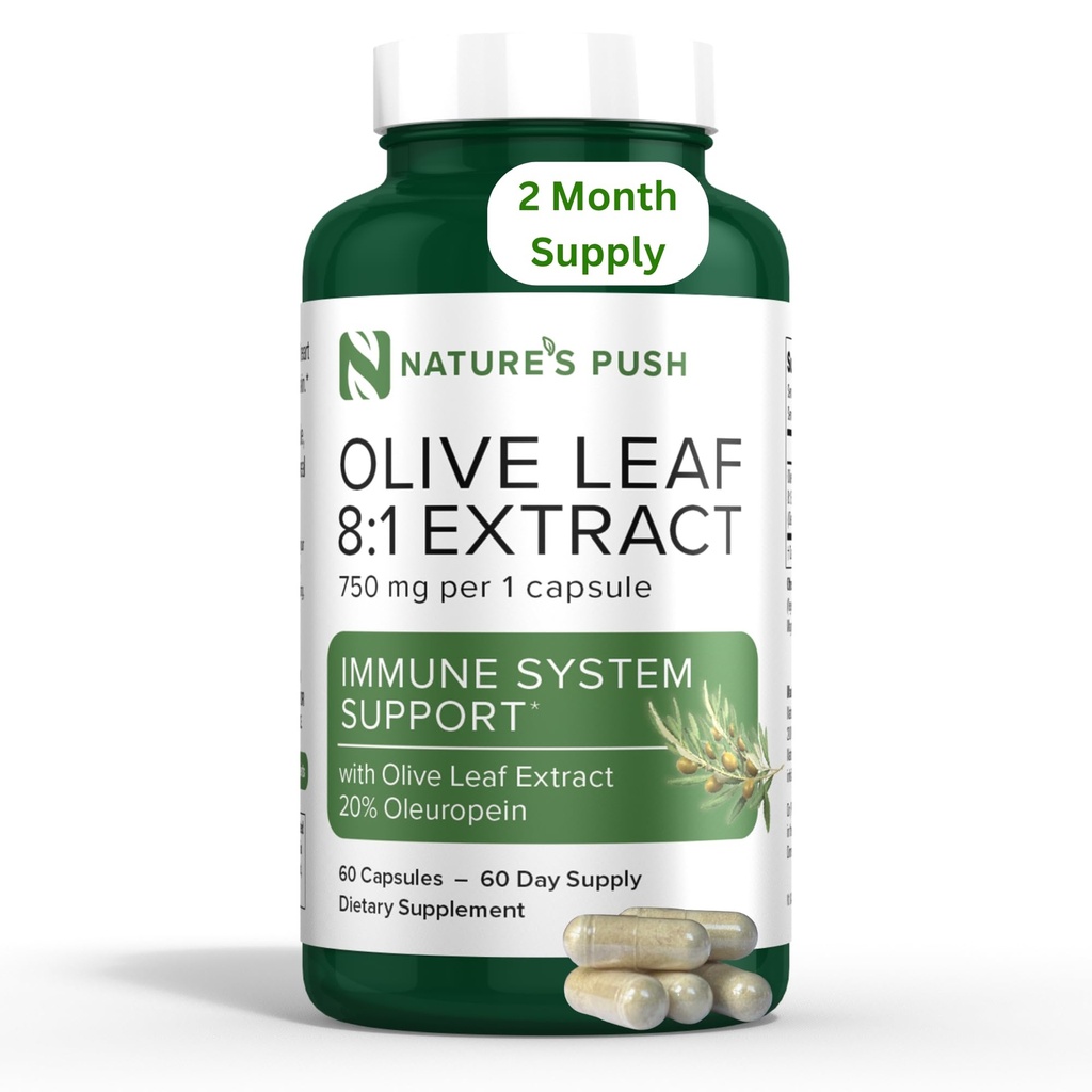 Nature's Push Super Potent Olive Leaf 8:1 Pura 20% Oleuropein 750 mg kapseli Immuunijärjestelmä, iho, ja Heart Health Support Vegan non-GMO USA cGMP Gluteenittomat antioksidantit 60 kapselia 2 kuukauden tarjonta