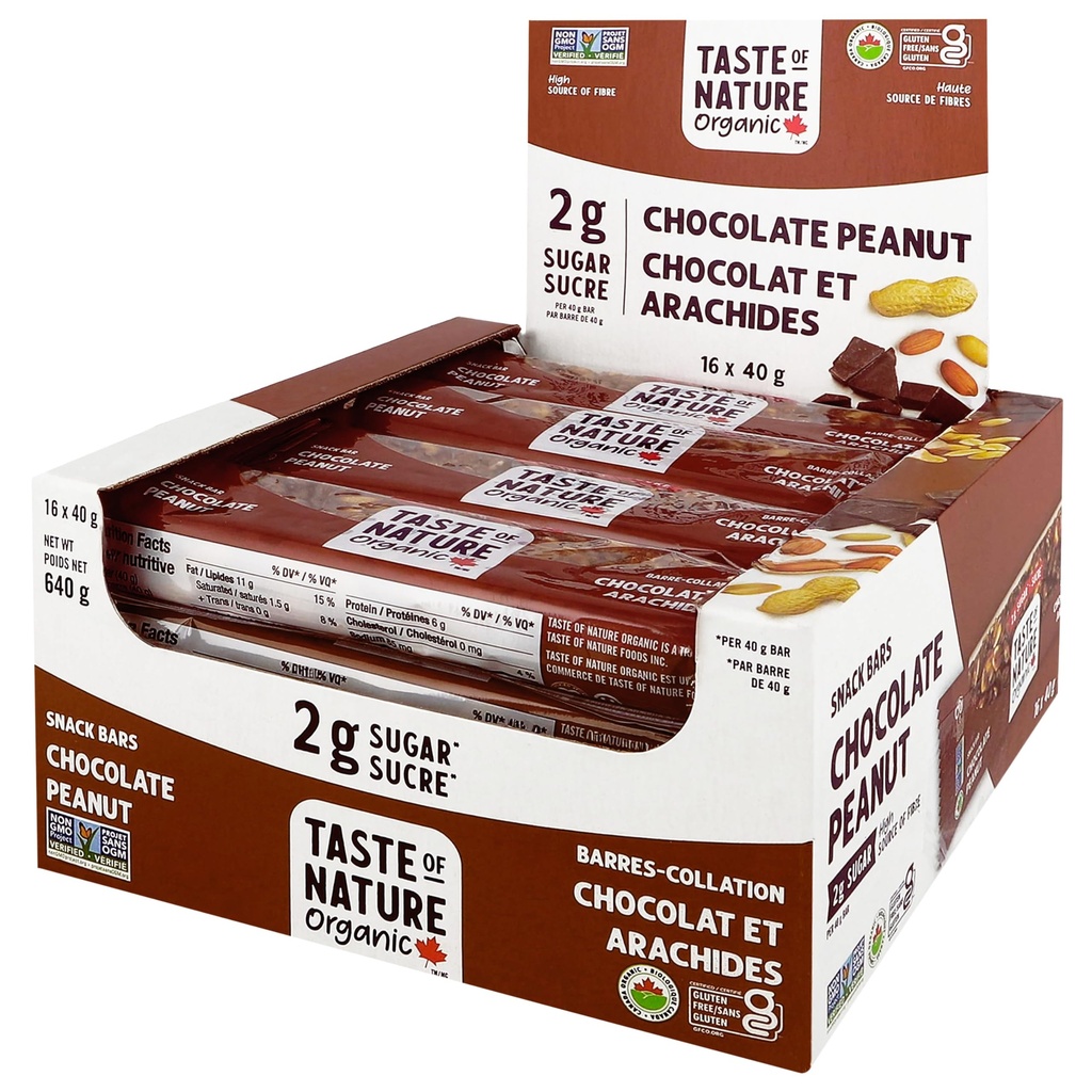 Luonnon maku - Organic 2g Sugar Chocolate Peanut - Low Sugar Välipala ja aamiaisbaari, Korkeakuituinen energiabar - 16 Count Snack Pack