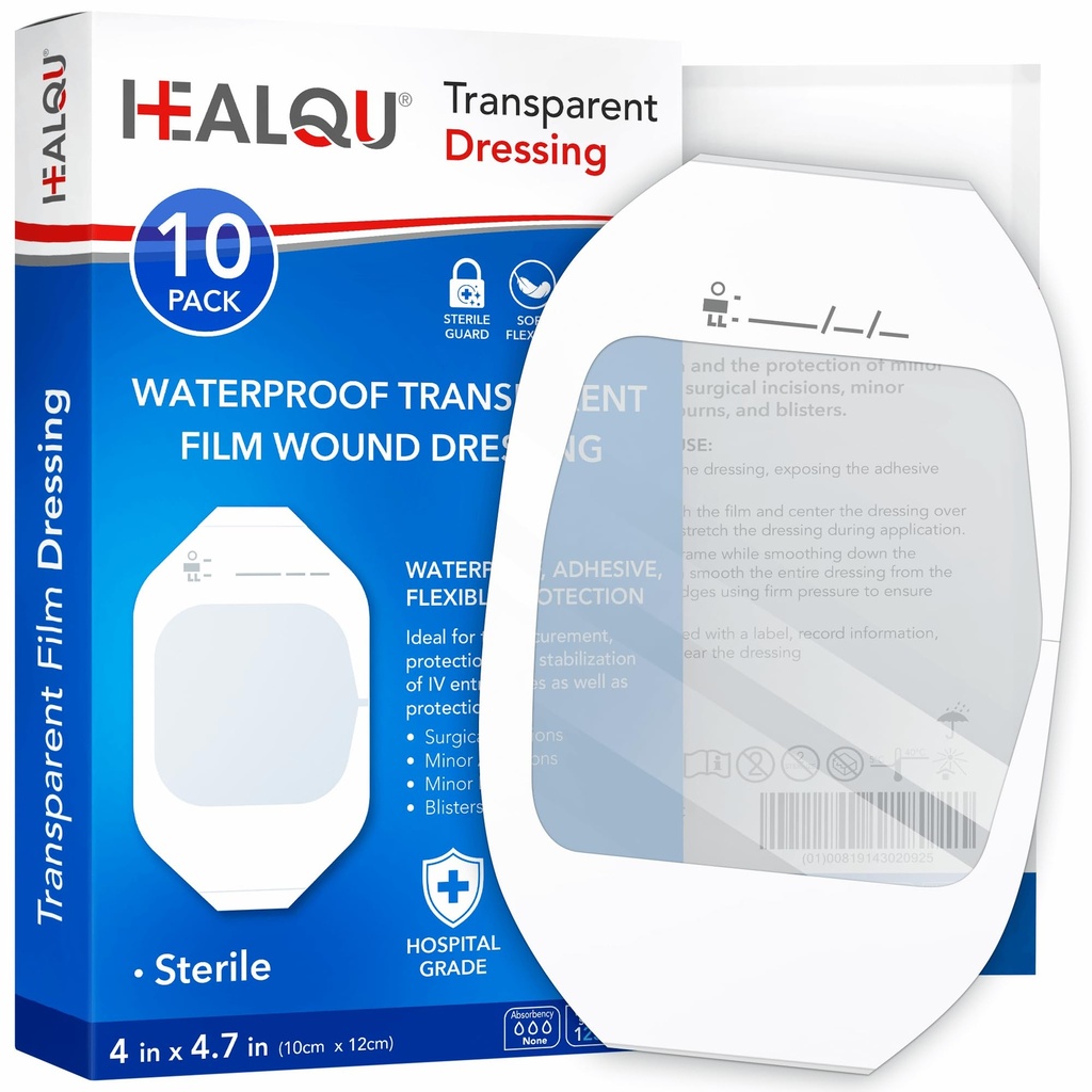Transparent filmklänning 4 "x 4.75" (10 Pack) - Vattentäta bindemedel för post-surgisk dusch, IV Shield, Tattoo Aftercare, Clear Breathable Dressing Patches av HEALQU