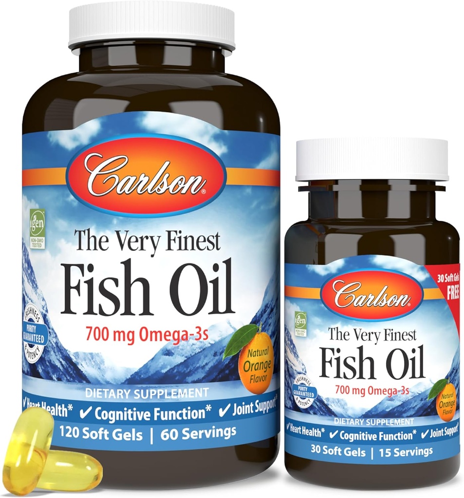 Carlson - Erittäin Finest Fish Oil, 700 mg Omega-3s, Norwegian Fish Oil Supplement, Wild Caught Omega-3 Fish Oil, kestävästi Lähdetty Fish Oil Kapselit, Omega-3 täydennysosa, Orange, 120 +30 Softgels