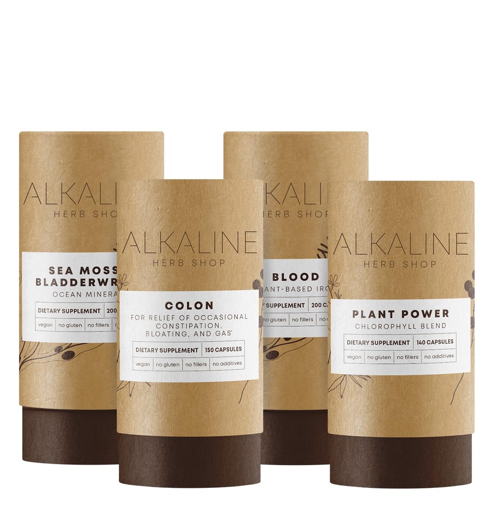 Alkali Herb Shop Mild Detox Bundle - Sea Moss & Blackwrack, Plant Power (klorofylli), Blood (Iron), ja Colon (Happy Colon)