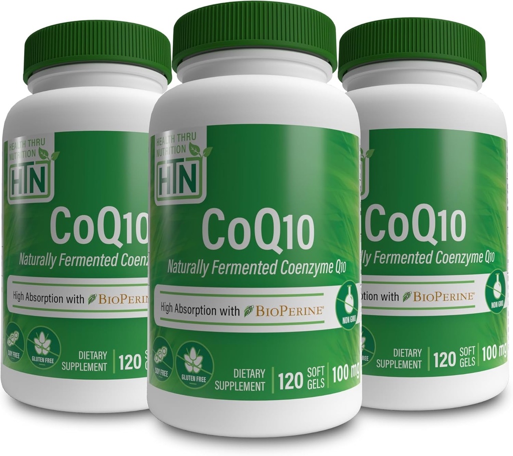 Health Thru Nutrition CoQ-10 100mg med BioPerine (Pack of 3X 120 Softgels) | Hög Absorption Naturligt Fermented USP Grade Coenzyme Q10 | 3rd Party Tested | Hjärthälsa och energistöd