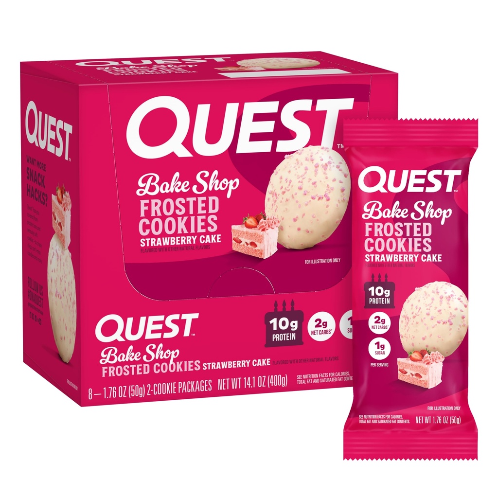 Quest Nutrition Frosted Evästeet Twin Pack, Mansikkakakku, 1g sokeria, 10g proteiinia, 2g Net Carbs, Gluteeniton, 16 evästeitä