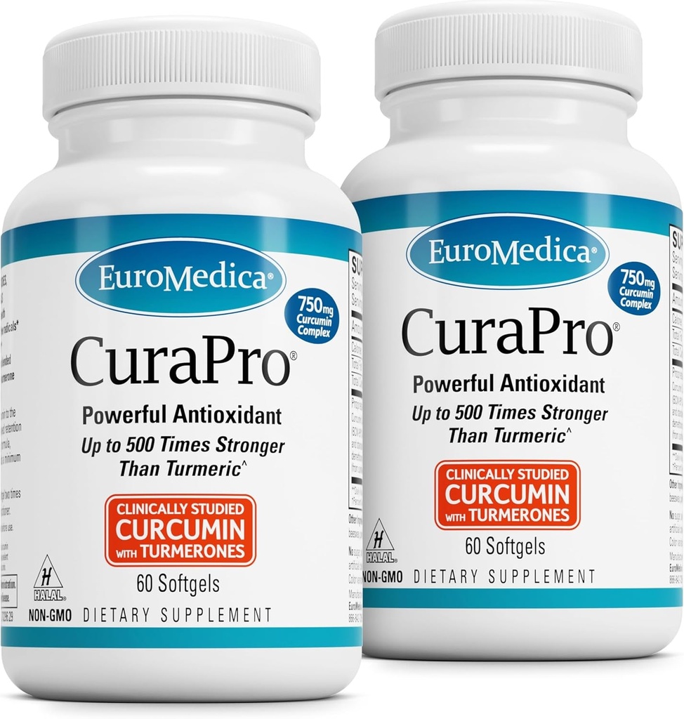 EuroMedica CuraPro - Antioksidantti Supplement Brain & Immune Health Support - Ruokavalio Supplement Curcumin & Turmeric Essential Oil - Herbal Liver Support - 60 Softgels, 2 Pack (120 Softgels)