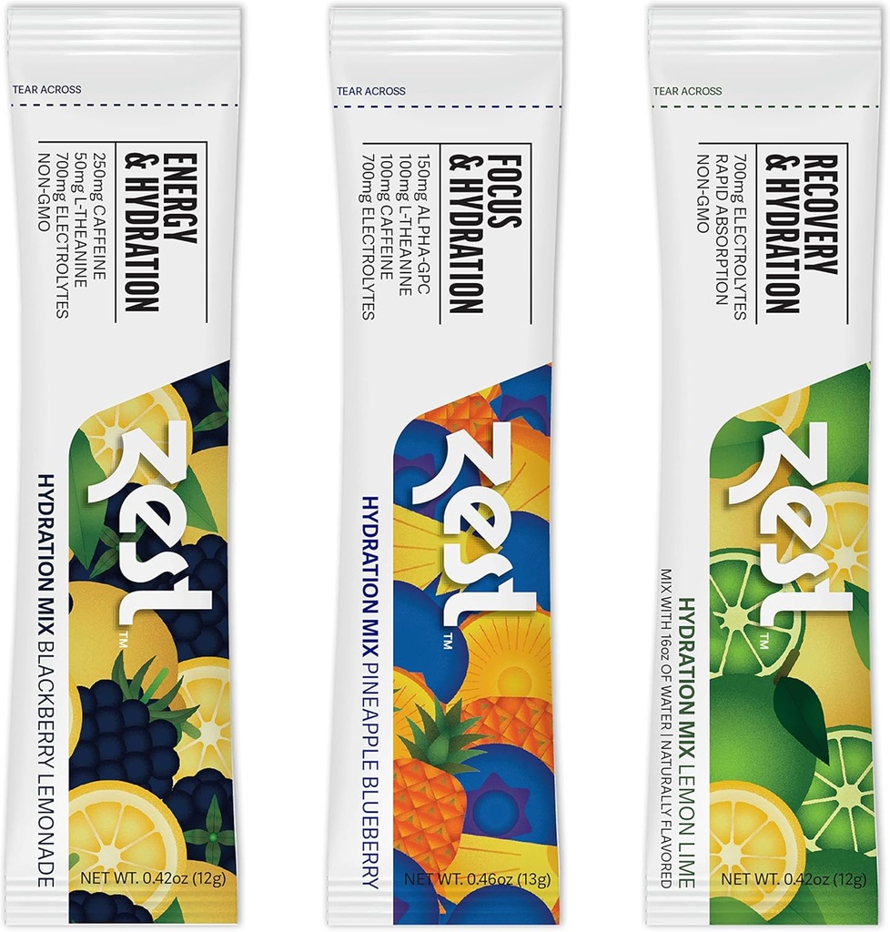 Zest Hydration Electrolyte Powder - Variety Pack - Mix w / Vatten - 6 Travel Packets - Low Sugar Supplement - Återhämtning, energi och fokusdryck - IV Pillars of Liquid Rehydration inkl Salt & Potassium