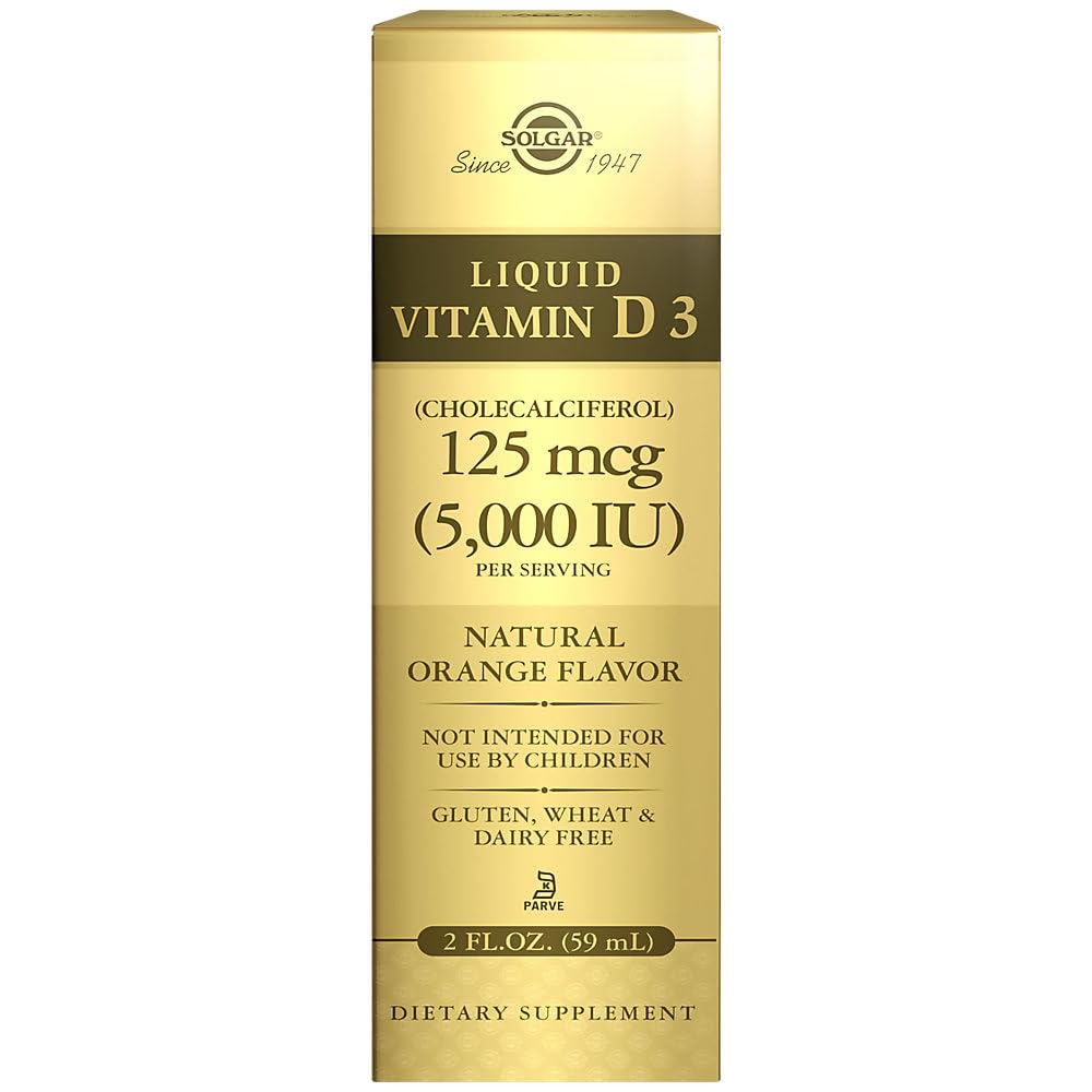 Solgar Liquid Vitamin D3 125 mcg (5,000 IE), 2 fl oz - Utsökt, naturlig orange smak - hjälper till att upprätthålla hälsosamma ben och tänder - Immune System Support - Gluten Free, Dairy Free, Kosher - 59 portioner