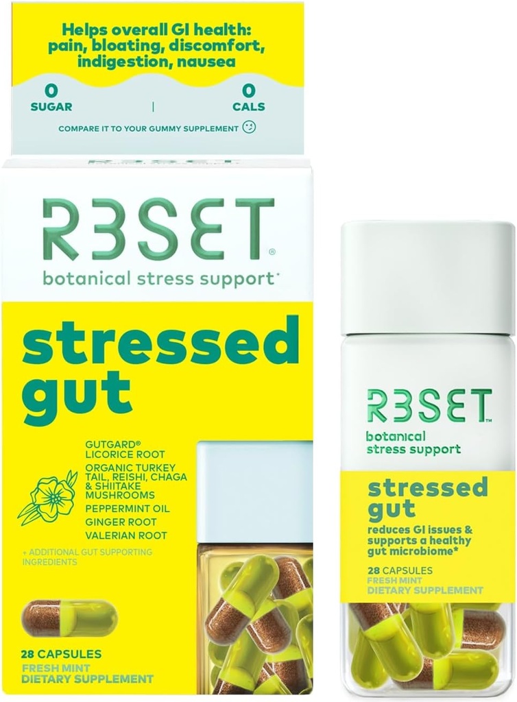 R3SET Stressaantunut Gut Prebiootti Päivittäinen täydentää Gut Health, Heatherburn, turvotus, kaasu Täydennys Probiootit naisille + miehet - inkivääri, lakritsi juuri, luomusieniä Blend, Natural, 28 Count