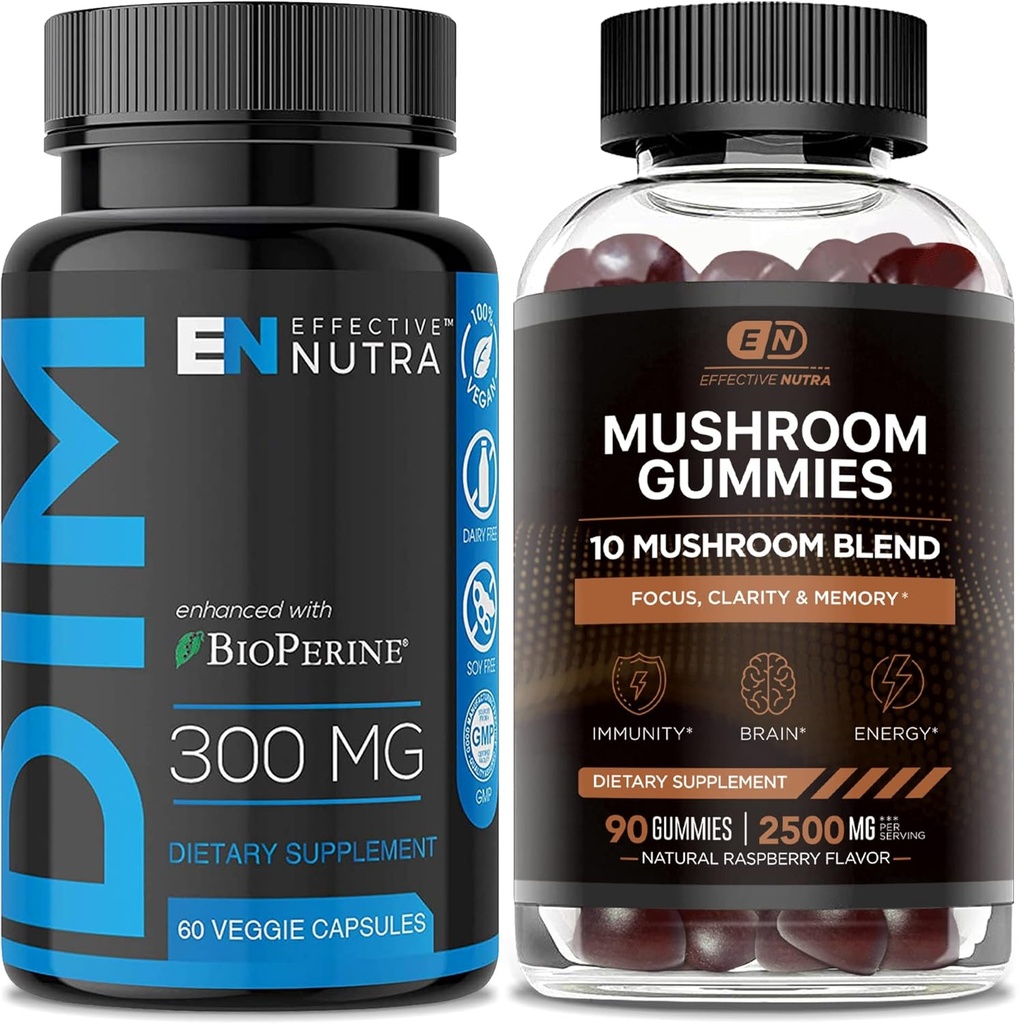Tehokas NUTRA DIM täydentää 300mg & Sieni Gummies 2500mg - Extra Strength DIM + Sieni Complex Estrogeeni Hormonitasapaino, hoito akne & PCOS, Immuuni tuki & energia