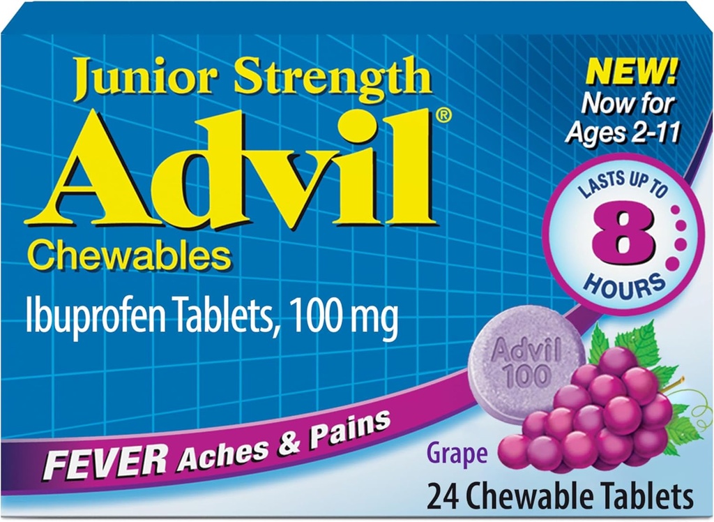 Advil Junior Strength Pureskeltava Ibuprofeeni Pain Reliever ja kuumeen aiheuttaja, Lasten Ibuprofeeni kivunlievitys, Rypäle - 24 tablettia