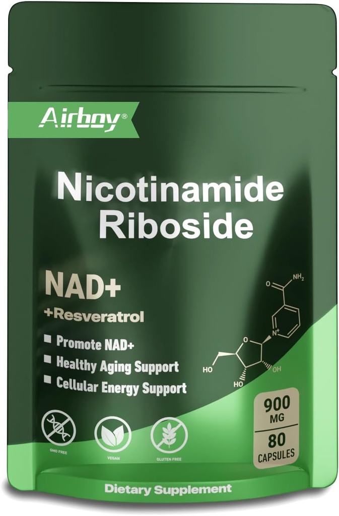 Airboy NAD täydennysosa Nikotinamidi Ribosidi Resveratrol & Quercetin 900 mg, NMNH Vaihtoehto miehille ja naisille Tuki anti-aging, energia, Focus - 80 kapselia