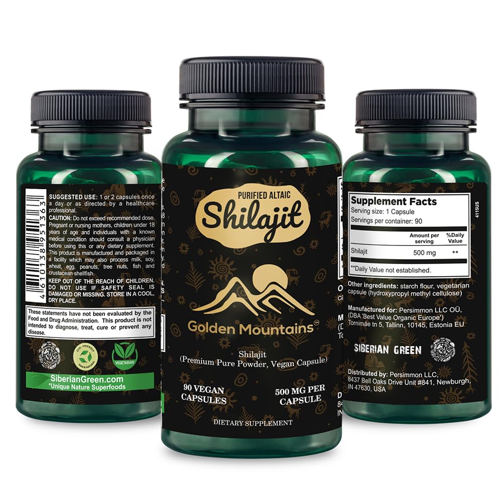 Golden Mountains Shilajit Vegan Kapseli 500mg Pure Altai 90 Count Premium Trace Minerals