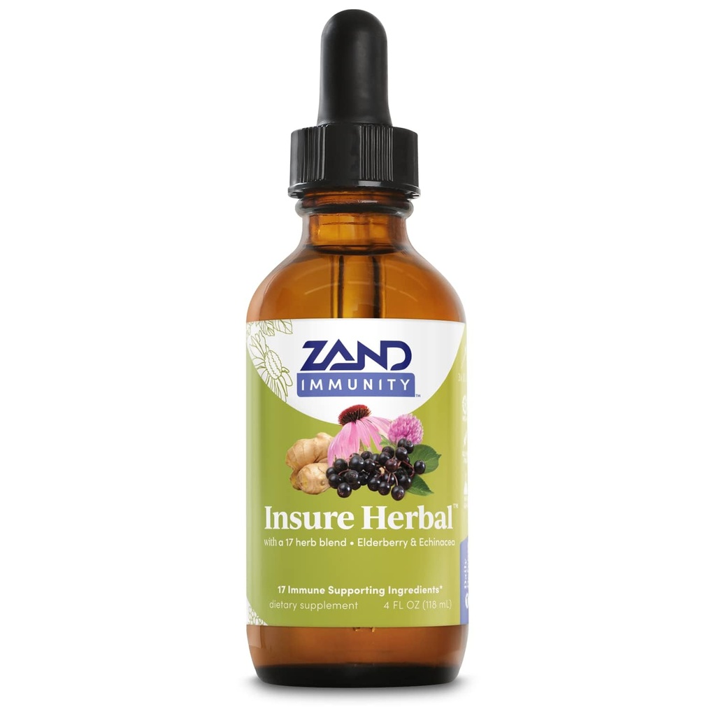 ZAND HERBALS insurance Kasviperäisten nesteiden sekoitus - 17 Hyvinvointiainesosat - w/Echinacea, Elderberry, inkivääri, salvia, piparminttu ja enemmän - Gluteeniton, Vegan, ei-GMO, 60 päivän takuu, 147 tarjoilua, 4 FL OZ