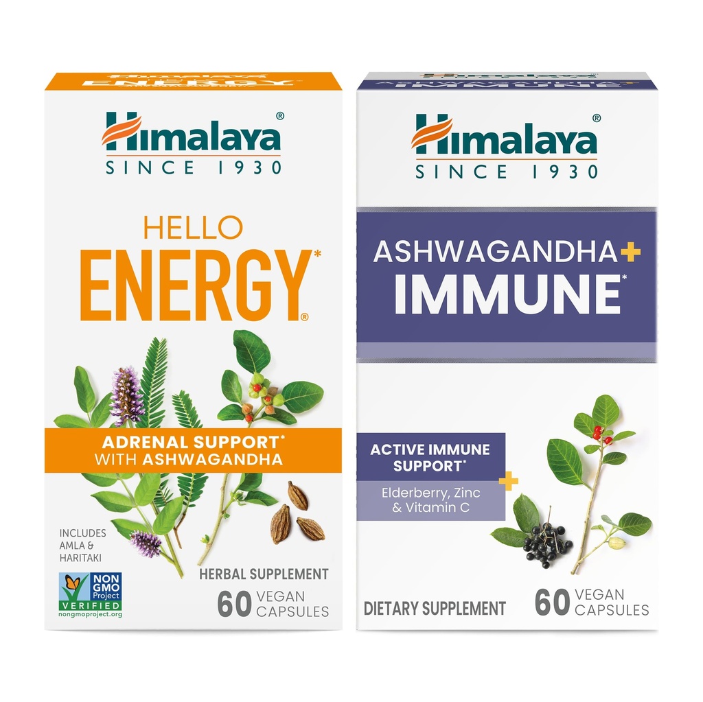 Himalaya Hello Energy med Ashwagandha för Adrenal Support & Daily Energy och Ashwagandha +Immune med vitamin C för aktiv immunstöd, 60 kapslar vardera - Bundle