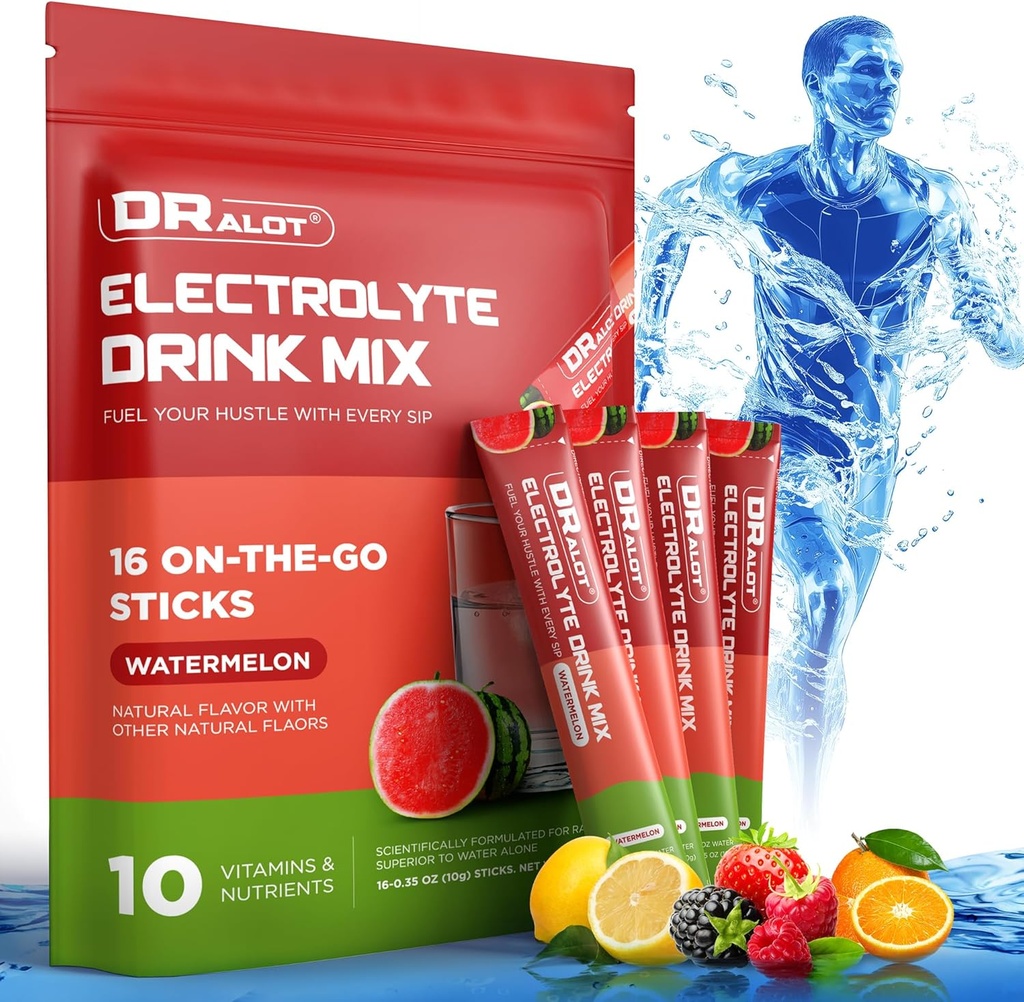 Sugar Free Electrolytes Powder med naturliga smaker, 3X Rapid Hydration Packets med 10 Electrolyte & Vitaminer, Liquid Daily IV, Non-GMO, Gluten-Free, Keto, Vegan, 16 Sticks, Watermelon