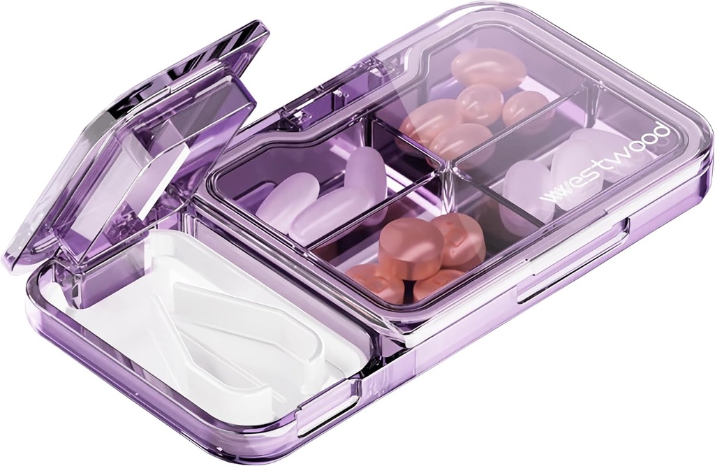 MURRI & MURRDI Pill Organizer med Pill Splitter Pill Cutter, Pill Box Cutter för små eller stora piller, Small Medicine Case Vitamin Dispenser Holder, Portable Pill Crusher för Purse Pocket (C Purple)