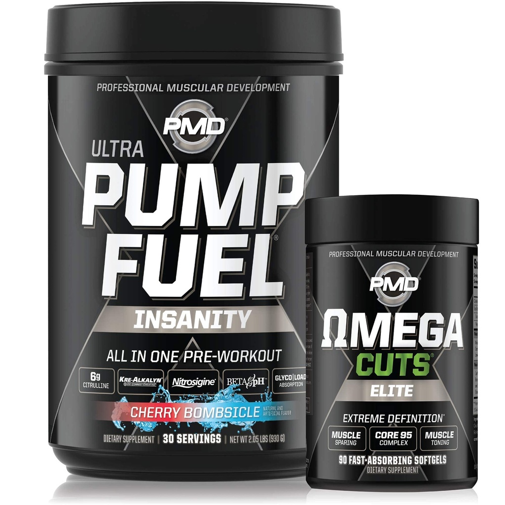 PMD Sports Ultra Pump Fuel Insanity - Pre Workout - Cherry Bombsicle (30 portioner) Sport Omega Cuts Elite Thermogenic Fat Burner (90 Softgels)