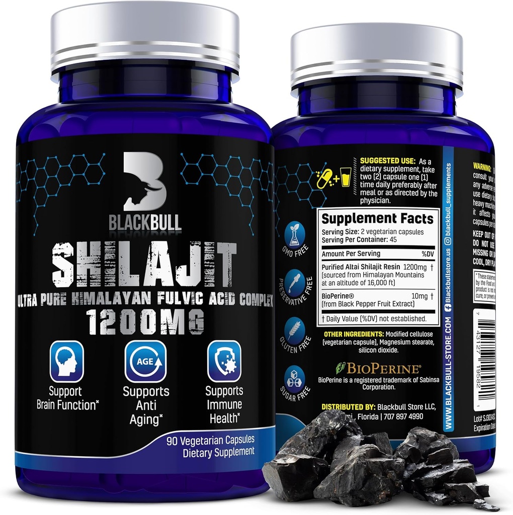 Blackbull Shilajit Pure Himalayan Organic Capsules - Natural Shilajit Resin Organic med 20% Fulvic Acid Supplement, Brain Health, Aging Immune Support - Pure Himalayan Shilajit